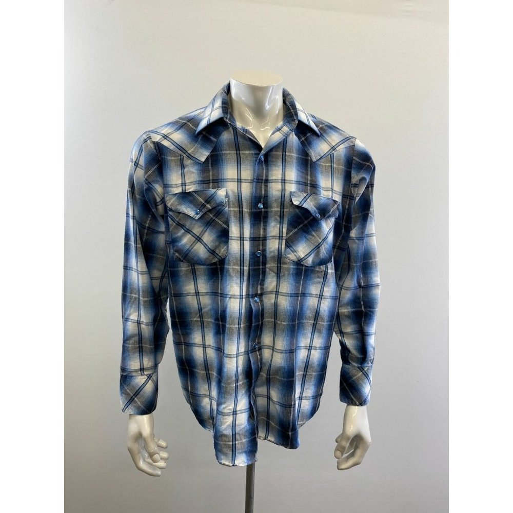 Red Rider Western Shirt Men's Size Large Blue White Plaid Cotton Blend